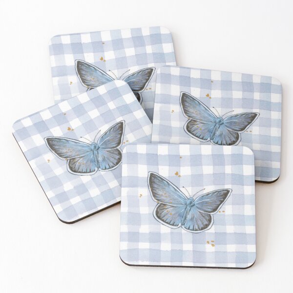 Artikelvorschau, Blauer Schmetterling mit Vichy-Karo, Aquarell- und Gouache-Gemälde entworfen und verkauft von Ellen Wilberg.