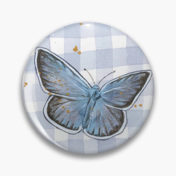 Artikelvorschau, Blauer Schmetterling mit Vichy-Karo, Aquarell- und Gouache-Gemälde entworfen und verkauft von Ellen Wilberg.