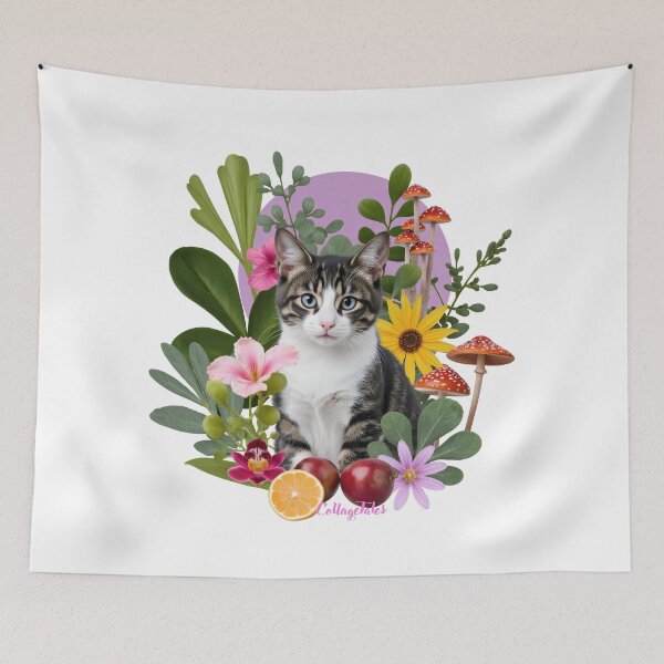Item preview, Tabby Cat Floral Collage Tales | Cat Portrait Flowers Mushrooms Fruits Herbs Orchid Cat Lovers designed and sold by LisaTumi.art.