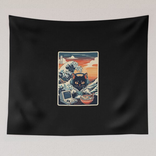 Item preview, Retro Gamer Cat with Ramen Great Wave Japanese Style designed and sold by PopStars1993.
