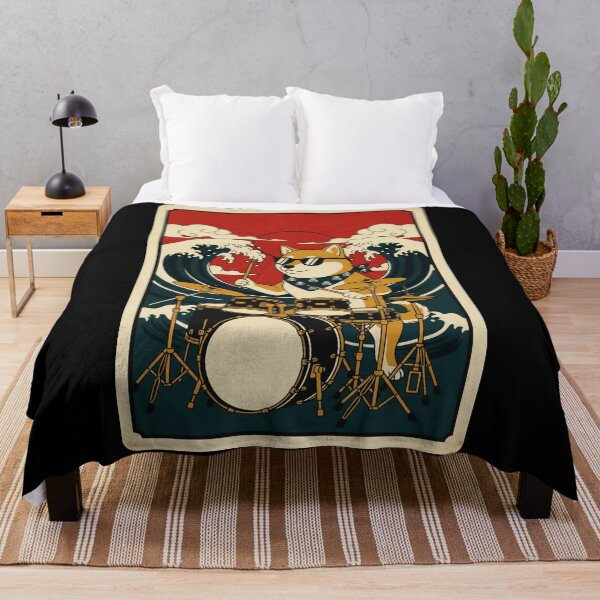 Aperçu de l'œuvre Shiba Inu Drummer Wave Sunset Retro créée et vendue par JordynLadukeg65.