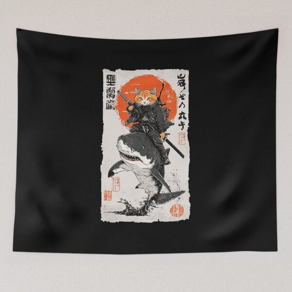 Item preview, Ninja Cat Riding Shark Ukiyoe Style Chaos Scene designed and sold by titanlevi.