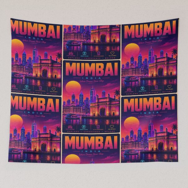 Item preview, Neon Mumbai India Travel Poster – Vaporwave Gateway of India Sunset Cityscape | Retro 80s Aesthetic designed and sold by Globalcitytees.