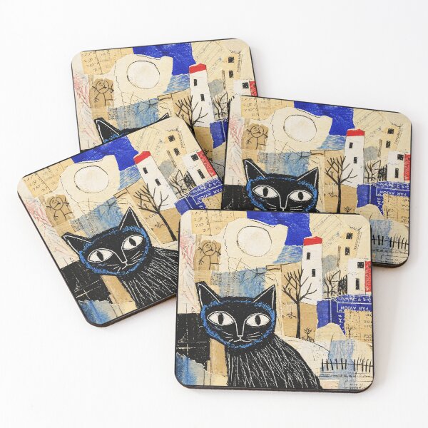Item preview, Black Cat Collage Art with Blue and Beige Texture designed and sold by Modaozushi216.