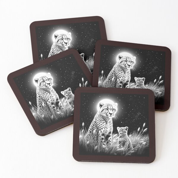 Item preview, Moonlit Cheetah Mother and Cub Black and White Wildlife Art designed and sold by inkoutninja.