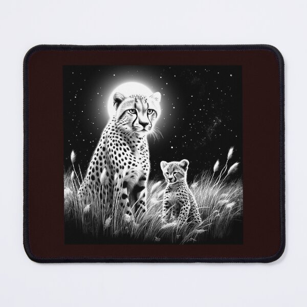 Item preview, Moonlit Cheetah Mother and Cub Black and White Wildlife Art designed and sold by inkoutninja.
