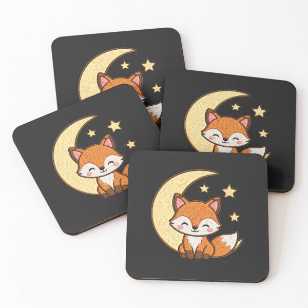 Item preview, Cute Fox Under Crescent Moon Kawaii Minimal Embroidery Style Design designed and sold by ColorSplash123.
