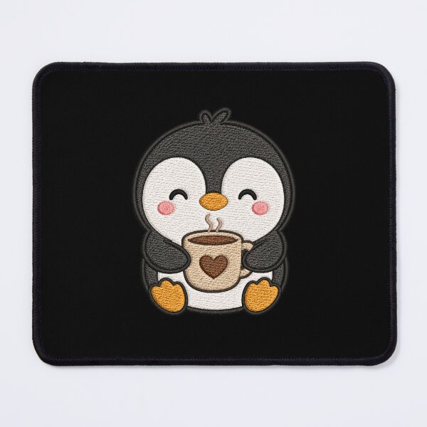 Item preview, Cute Penguin Holding Coffee Kawaii Cozy Winter Embroidery Style Design designed and sold by ColorSplash123.