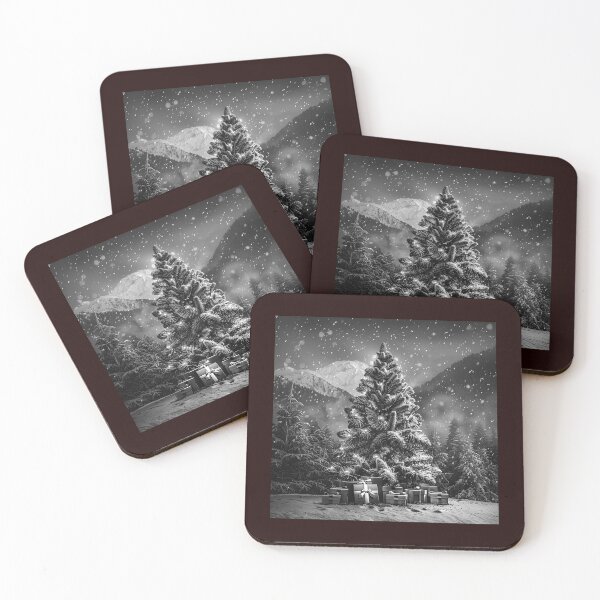 Item preview, Snowy Christmas Tree Mountain Landscape Black and White Art designed and sold by inkoutninja.