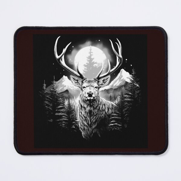 Item preview, Majestic Stag Full Moon Mountain Forest Black and White Art designed and sold by inkoutninja.