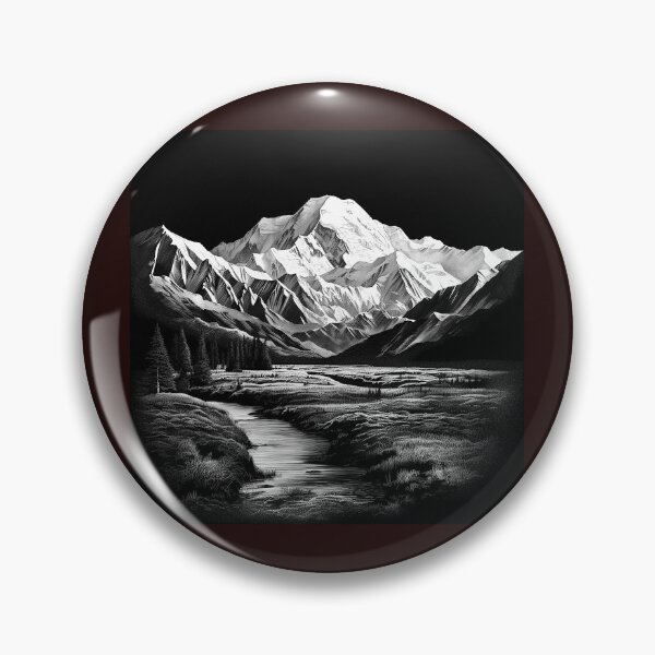 Item preview, Black and White Mountain River Landscape Nature Art designed and sold by inkoutninja.