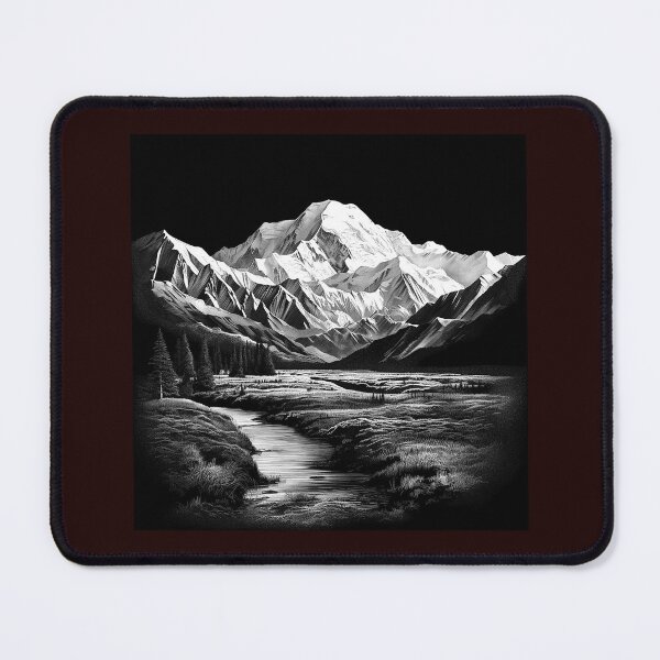 Item preview, Black and White Mountain River Landscape Nature Art designed and sold by inkoutninja.