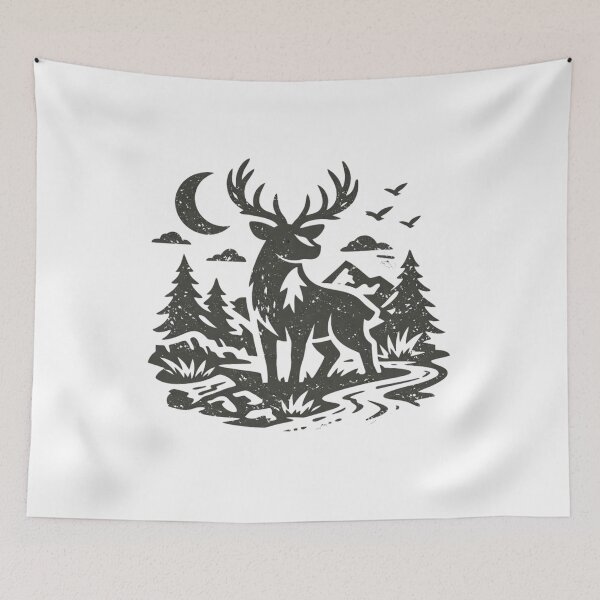 Item preview, Majestic Deer in Wilderness – Vintage Forest Stag with Mountains, Moon & Pine Trees | Rustic Nature Lover Gift designed and sold by SketchSyndicate.