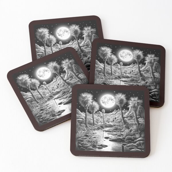 Item preview, Moonlit Desert Oasis Black and White Landscape Art designed and sold by inkoutninja.