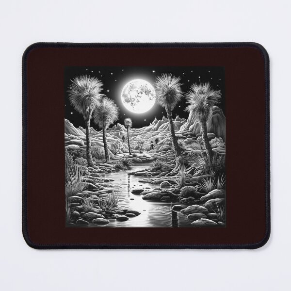 Item preview, Moonlit Desert Oasis Black and White Landscape Art designed and sold by inkoutninja.