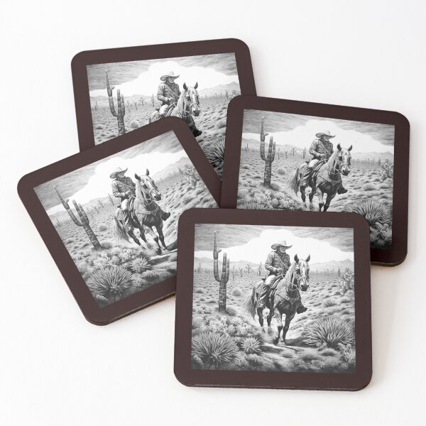 Item preview, Black and White Cowboy Horse Desert Cactus Western Art designed and sold by inkoutninja.