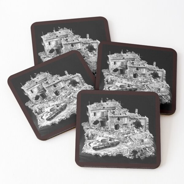 Item preview, Black and White Tank Diorama Ruined Village Military Art designed and sold by inkoutninja.