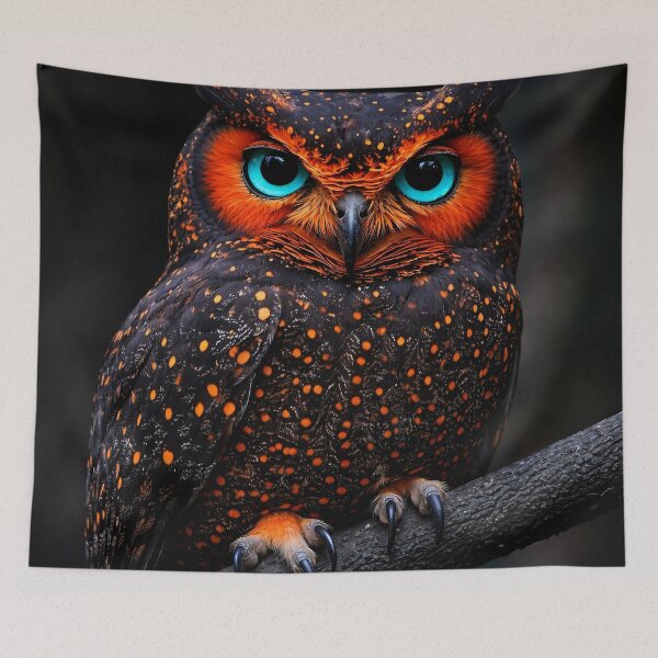 Item preview, Colorful Owl Portrait with Blue Eyes – Striking Fantasy Bird Wall Art designed and sold by Kaleidoscope Print.