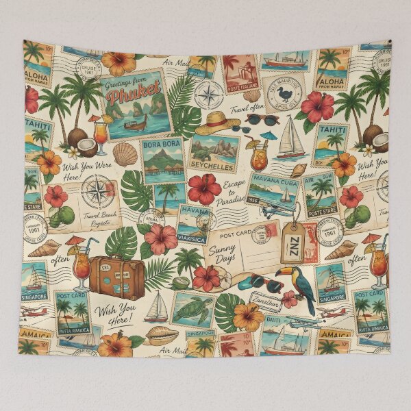 Item preview, Retro Postcard Collage Tropical Vacation Wanderlust Art designed and sold by SplashTastic.