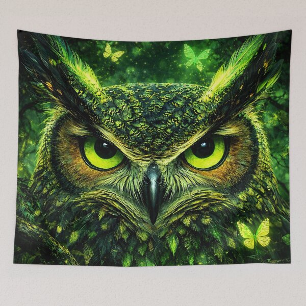 Item preview, Enchanted Green Owl with Glowing Eyes – Magical Forest Fantasy Wall Art designed and sold by Kaleidoscope Print.