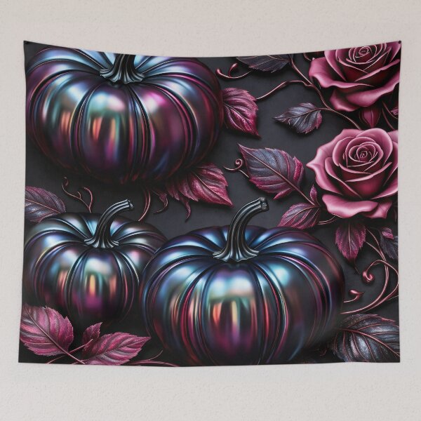 Item preview, Gothic Iridescent Pumpkins and Roses – Dark Floral Halloween Wall Art designed and sold by Kaleidoscope Print.