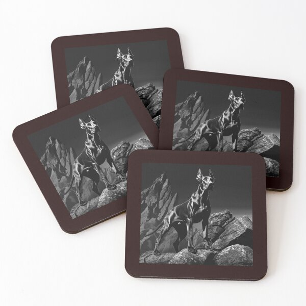 Item preview, Black Doberman Mountain Rocks Black and White Dog Art designed and sold by inkoutninja.