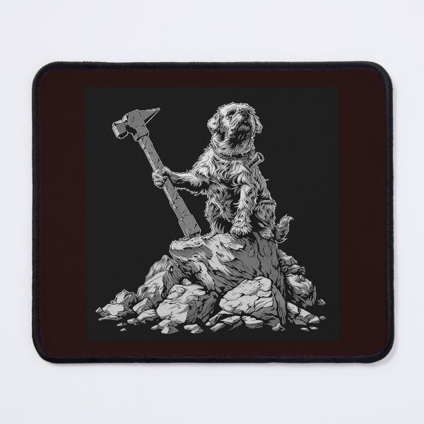 Item preview, Brave Shaggy Dog with Hammer Black and White Fantasy Art designed and sold by inkoutninja.