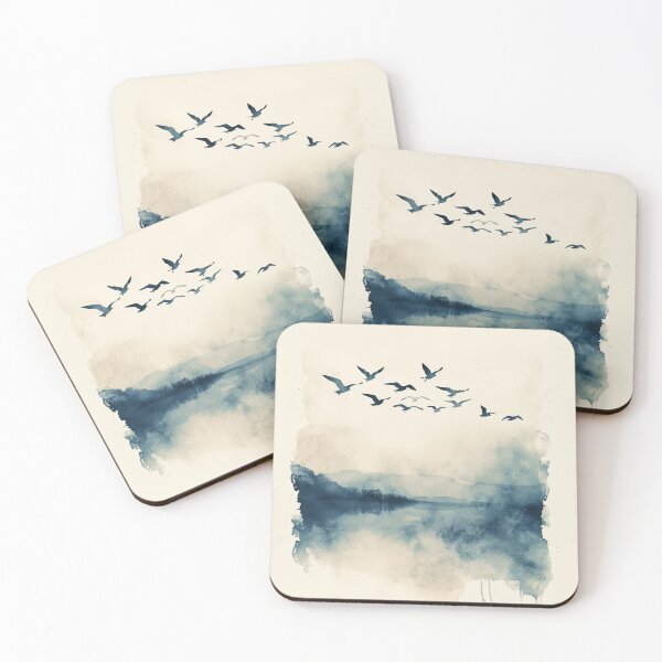 Item preview, Misty Blue Watercolor Lake With Flying Birds designed and sold by solynneart.