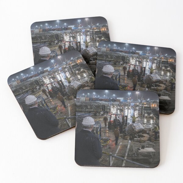 Item preview, Rain-Soaked Military Logistics Yard at Night | Modern War Freight Depot Print designed and sold by Element Horizon Studio.