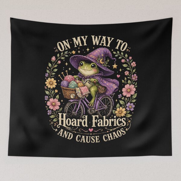 Item preview, On My Way to Hoard Fabrics and Cause Chaos Frog Sewing Humor designed and sold by THREE LITTLE BEANS.