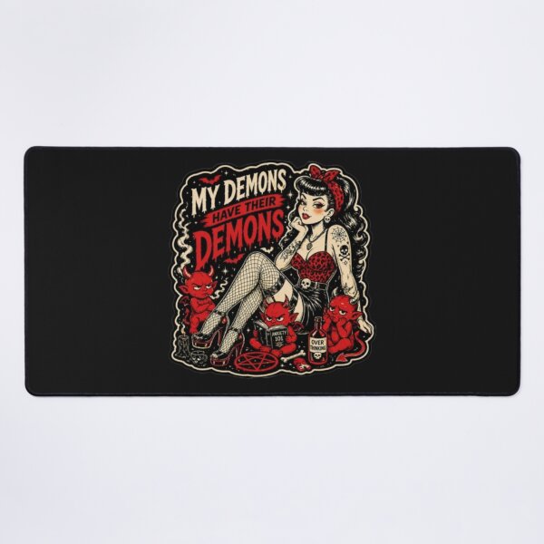 Item preview, My Demons Have Their Demons – Dark Humor Rockabilly Pin Up Devil Girl Design designed and sold by Rebel Femme Studio.