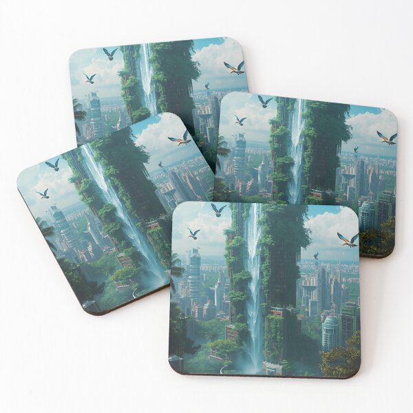 Item preview, Urban Eden - Futuristic Skyscraper Waterfall with Tropical Birds designed and sold by UnRealS.