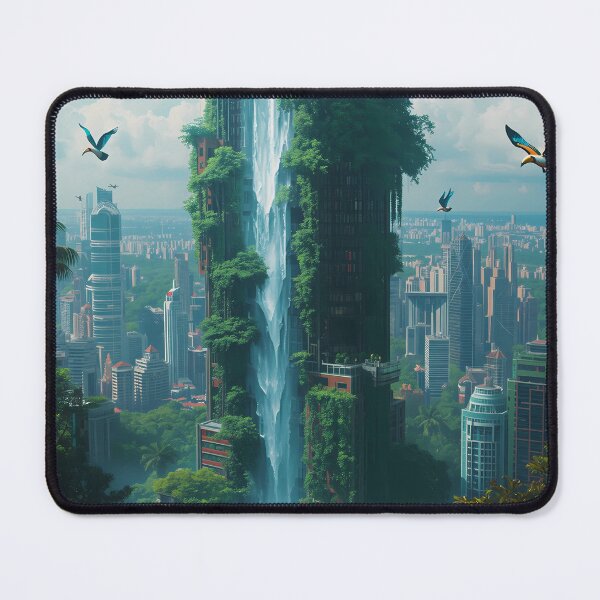 Item preview, Urban Eden - Futuristic Skyscraper Waterfall with Tropical Birds designed and sold by UnRealS.