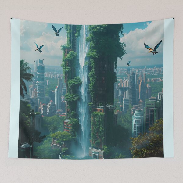Item preview, Urban Eden - Futuristic Skyscraper Waterfall with Tropical Birds designed and sold by UnRealS.