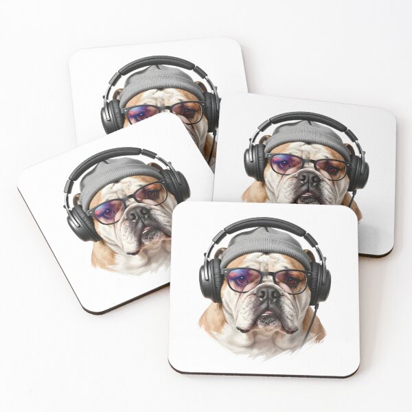 Item preview, Hipster Bulldog with Headphones & Beanie | Music Lover Digital Nomad Dog Art designed and sold by Fur Honcho.
