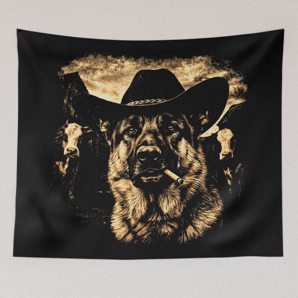 Item preview, Badass Cowboy German Shepherd Smoking Cigar with Cattle Ranch Sunset Background designed and sold by StuZabine.