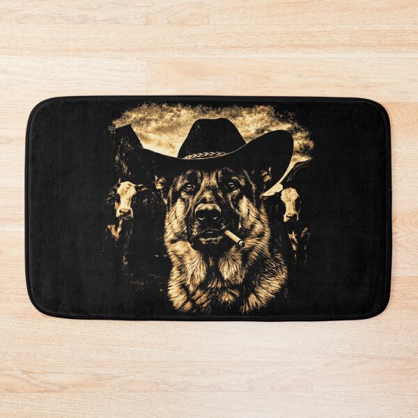 Item preview, Badass Cowboy German Shepherd Smoking Cigar with Cattle Ranch Sunset Background designed and sold by StuZabine.
