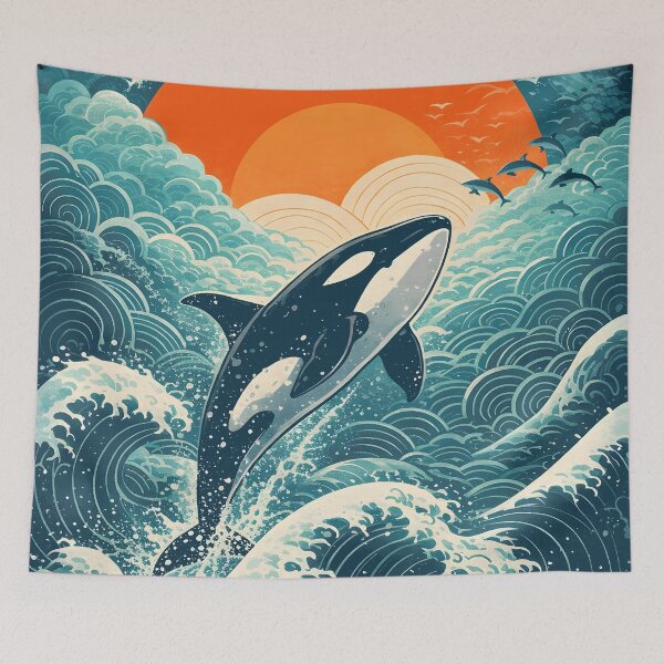 Item preview, Great Orca Wave - Japanese Ukiyo-e Style Sunset Art designed and sold by RumiRogue.