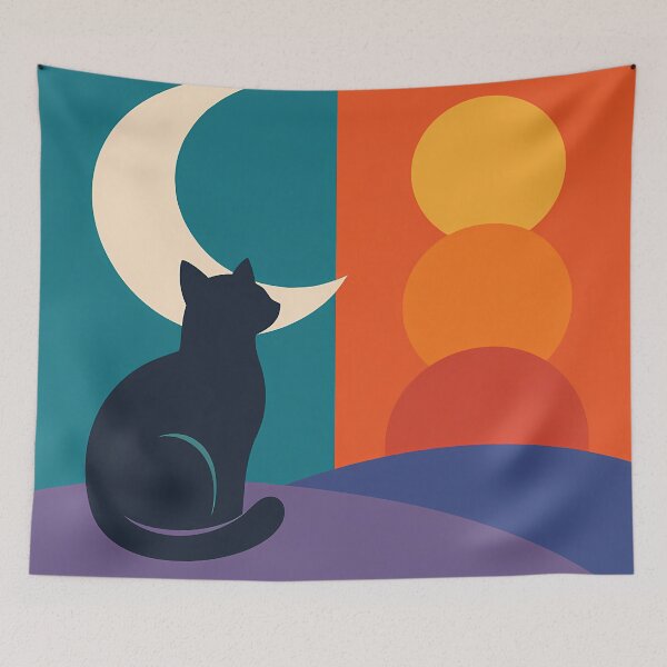 Item preview, Cat Silhouette with Crescent Moon and Sunset Forms designed and sold by InkSmithery.