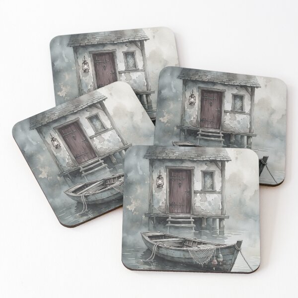 Item preview, Serene Watercolor Boat and Cabin Poster designed and sold by STTrillionTEES.