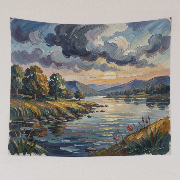 Item preview, Gouache Sunset River Landscape with Vibrant Colors and Dreamlike Atmosphere designed and sold by FotoworldEdel.