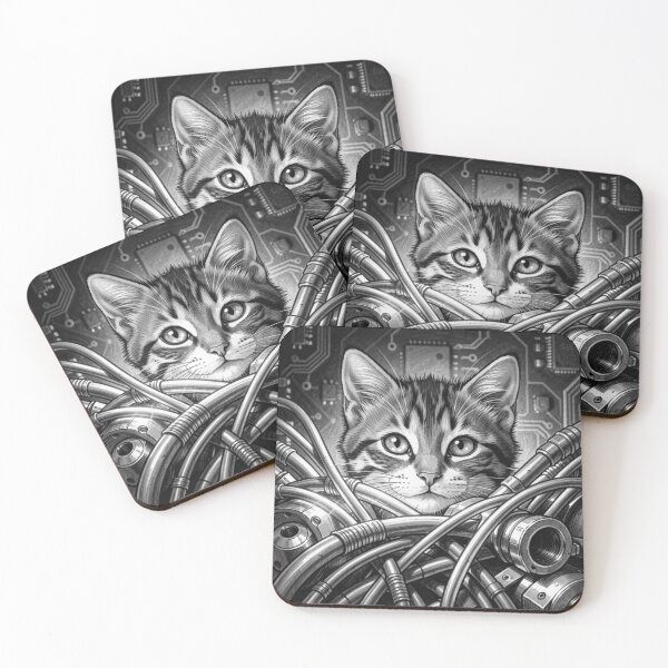 Item preview, Cybernetic Cat Portrait with Futuristic Tech Lines and High‑Detail Monochrome Style designed and sold by FotoworldEdel.