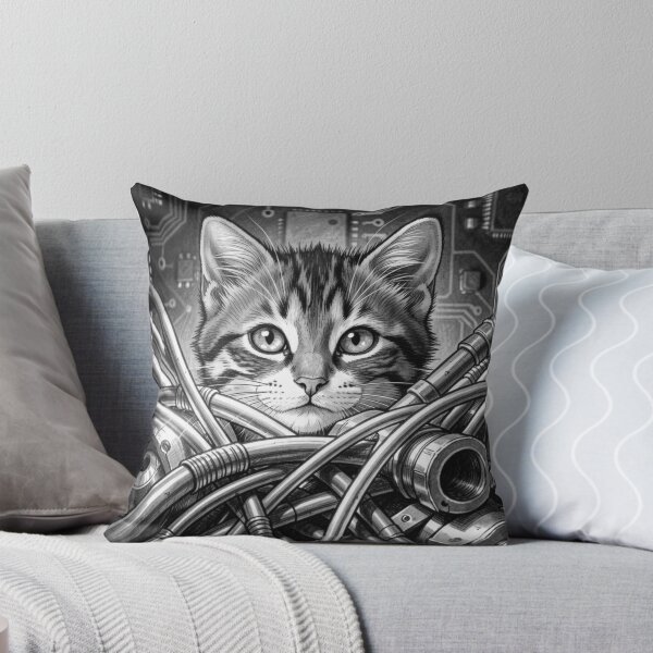 Item preview, Cybernetic Cat Portrait with Futuristic Tech Lines and High‑Detail Monochrome Style designed and sold by FotoworldEdel.