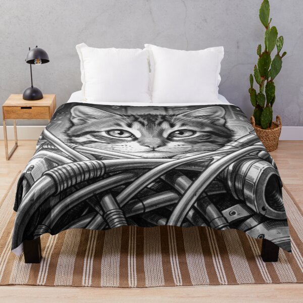 Item preview, Cybernetic Cat Portrait with Futuristic Tech Lines and High‑Detail Monochrome Style designed and sold by FotoworldEdel.