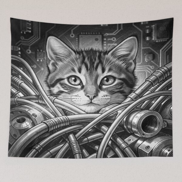 Item preview, Cybernetic Cat Portrait with Futuristic Tech Lines and High‑Detail Monochrome Style designed and sold by FotoworldEdel.