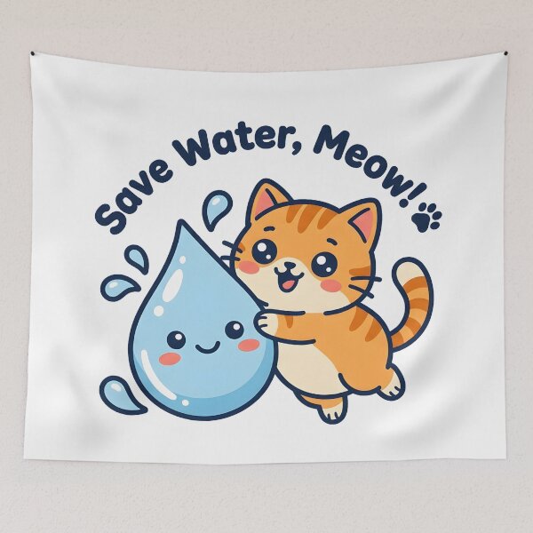 Item preview, Save Water Meow Cute Kawaii Cat Illustration designed and sold by Nuvoro Eco Awareness.