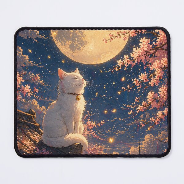 Item preview, Mystical White Cat Moon Wall Art | Japanese Sakura Night Illustration | Dreamy Lofi Aesthetic Cat Print designed and sold by IconicDesignsXd.