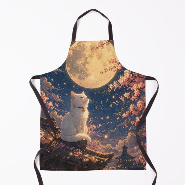 Item preview, Mystical White Cat Moon Wall Art | Japanese Sakura Night Illustration | Dreamy Lofi Aesthetic Cat Print designed and sold by IconicDesignsXd.