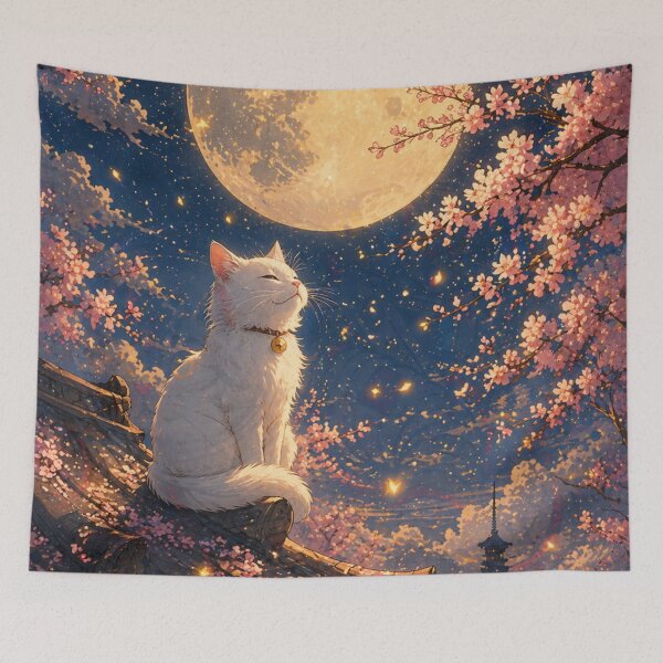 Item preview, Mystical White Cat Moon Wall Art | Japanese Sakura Night Illustration | Dreamy Lofi Aesthetic Cat Print designed and sold by IconicDesignsXd.