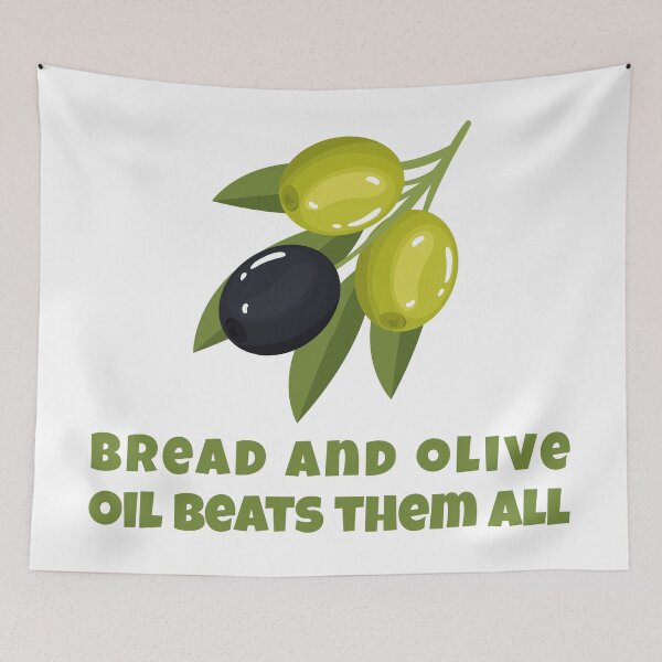 Item preview, Olive Branch Illustration with Bread and Olive Oil Quote – Mediterranean Food Art designed and sold by WordPlayStudio.